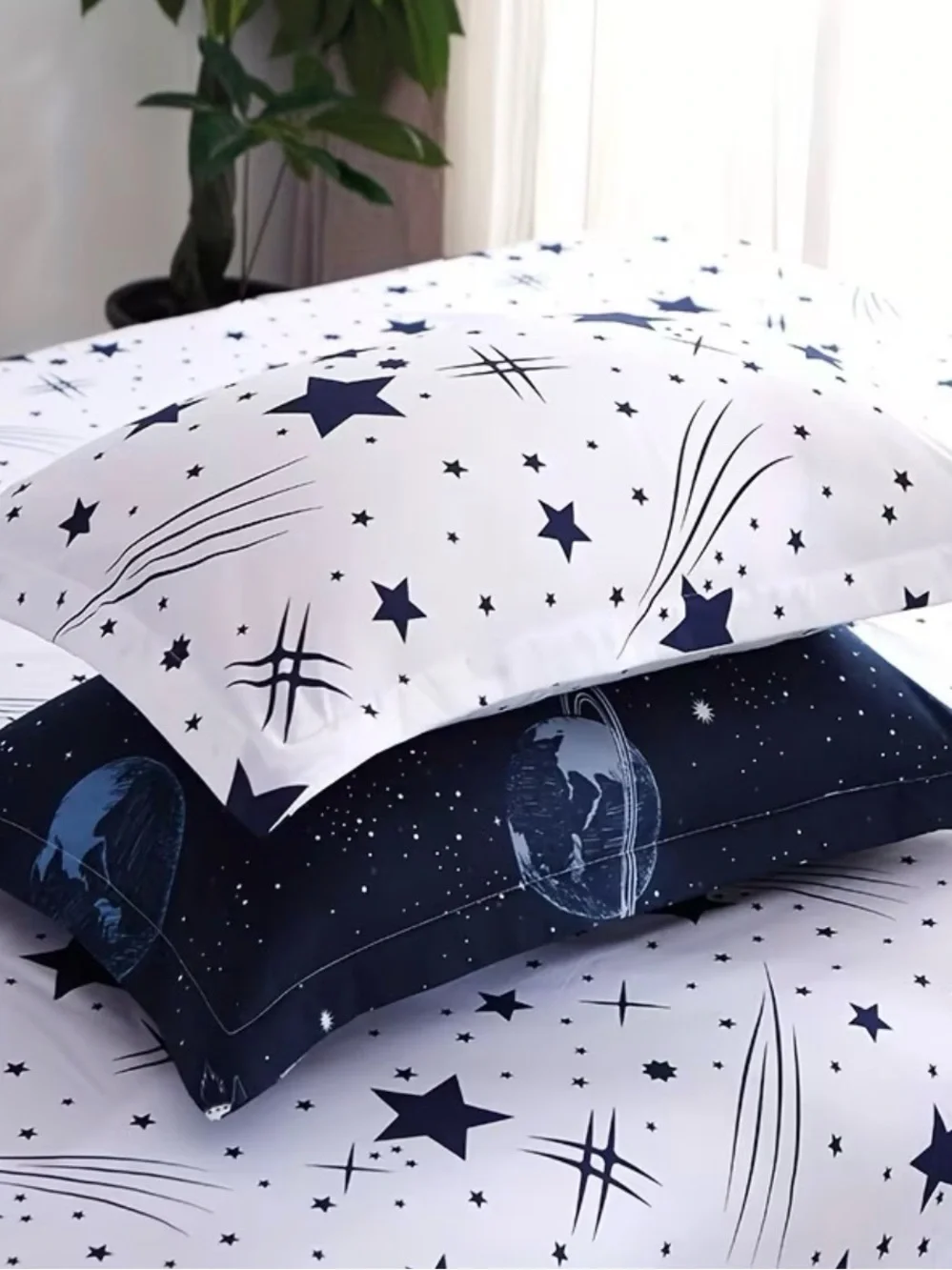 Twin Size Navy Blue & White Space Astronaut Duvet Cover Set 2 Pillowcases NEW